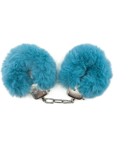 fluffy metal hand cuffs teal in colour will bring your inner kink out 